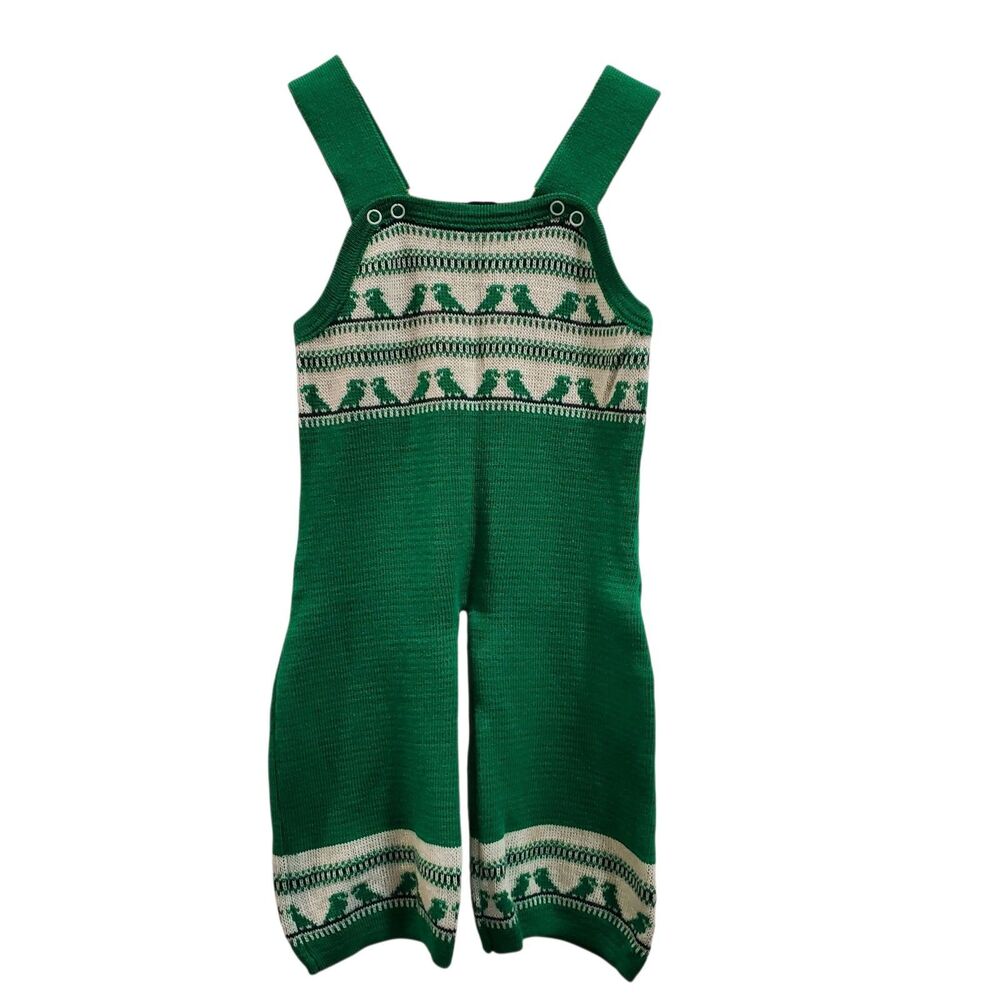 Vintage Knit Overalls with Sweater Green Dinosaurs Birds Baby Size 18 mo Holland
